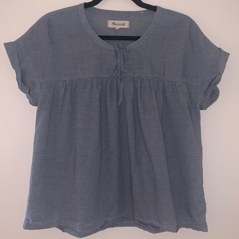Madewell Navy & White Plaid Peasant Top Medium